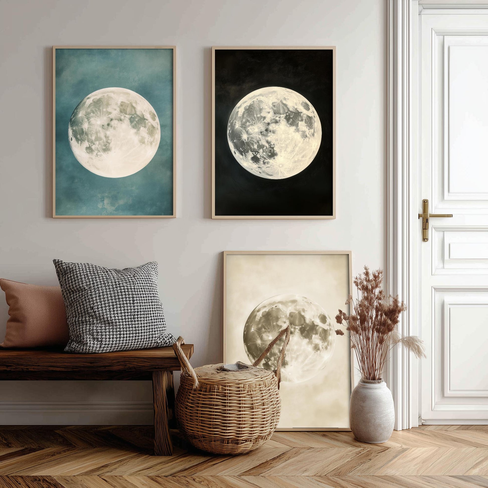 Full Moon Set of Three Art Prints - 3 Realistic Lunar Moons Teal Black Sepia Sky - Celestial Poster Photo Gift Astronomy V3