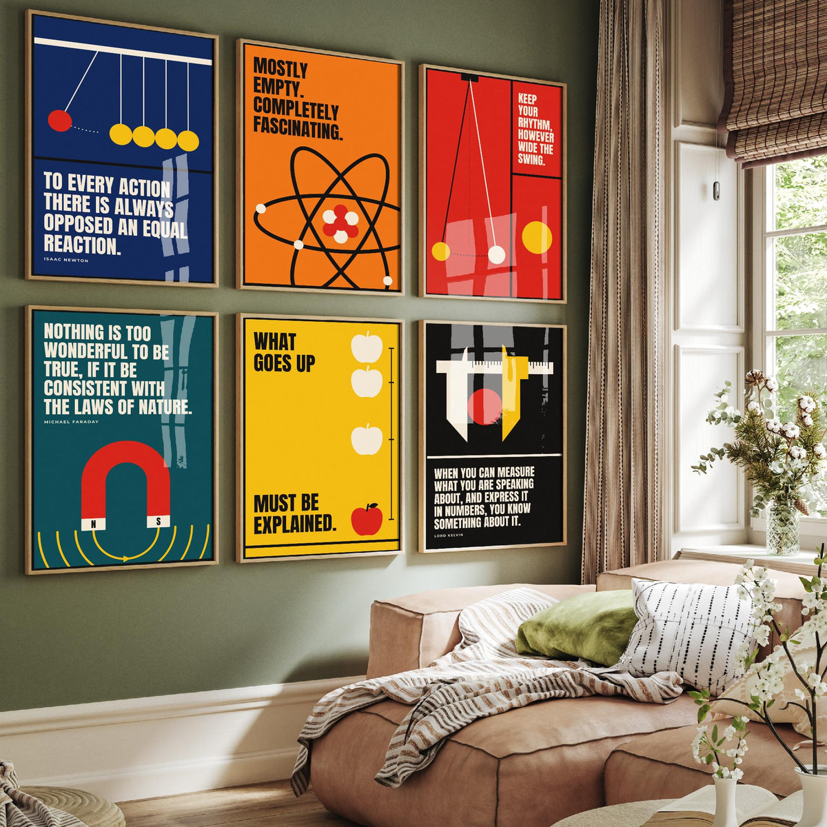 Set of Six Physics Quote Art Prints - 6 Bauhaus Science Posters - Minimalist Science Illustration - Newton's Cradle, Atom