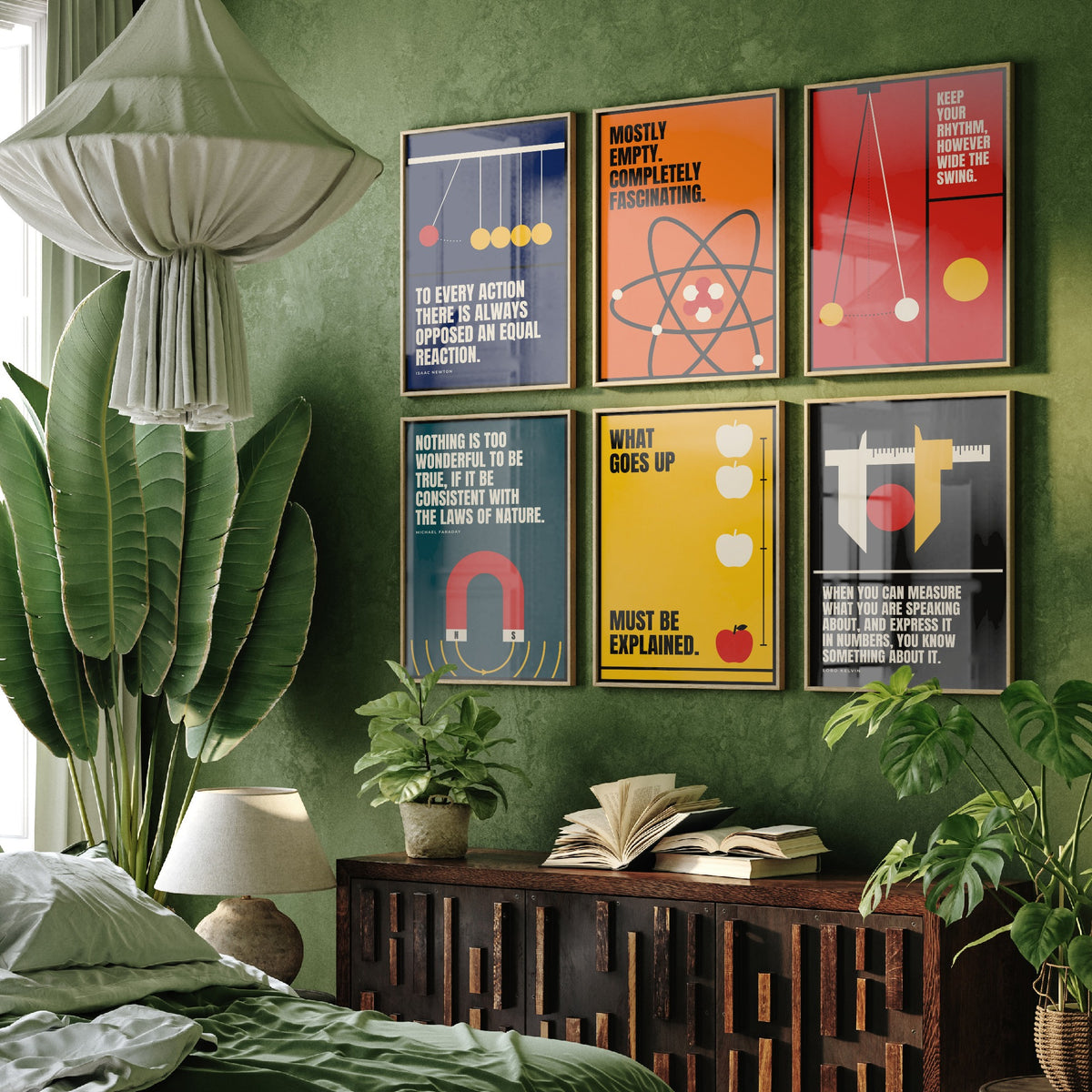 Set of Six Physics Quote Art Prints - 6 Bauhaus Science Posters - Minimalist Science Illustration - Newton's Cradle, Atom
