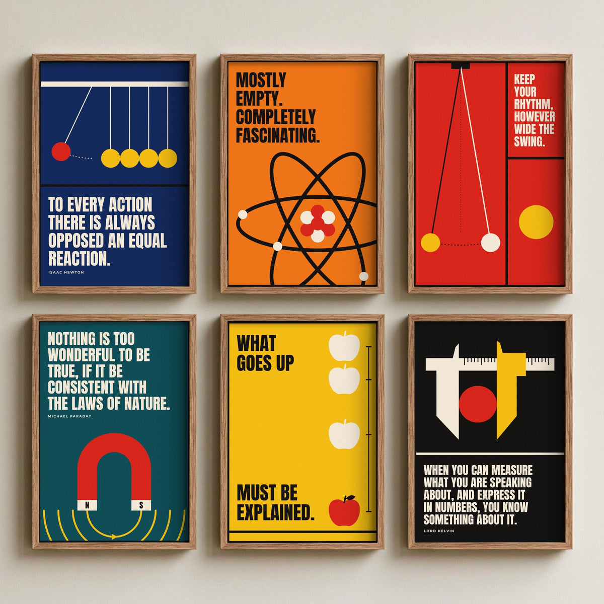 Set of Six Physics Quote Art Prints - 6 Bauhaus Science Posters - Minimalist Science Illustration - Newton's Cradle, Atom