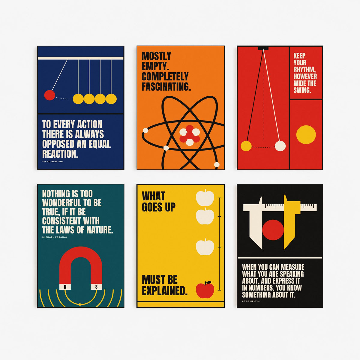 Set of Six Physics Quote Art Prints - 6 Bauhaus Science Posters - Minimalist Science Illustration - Newton's Cradle, Atom