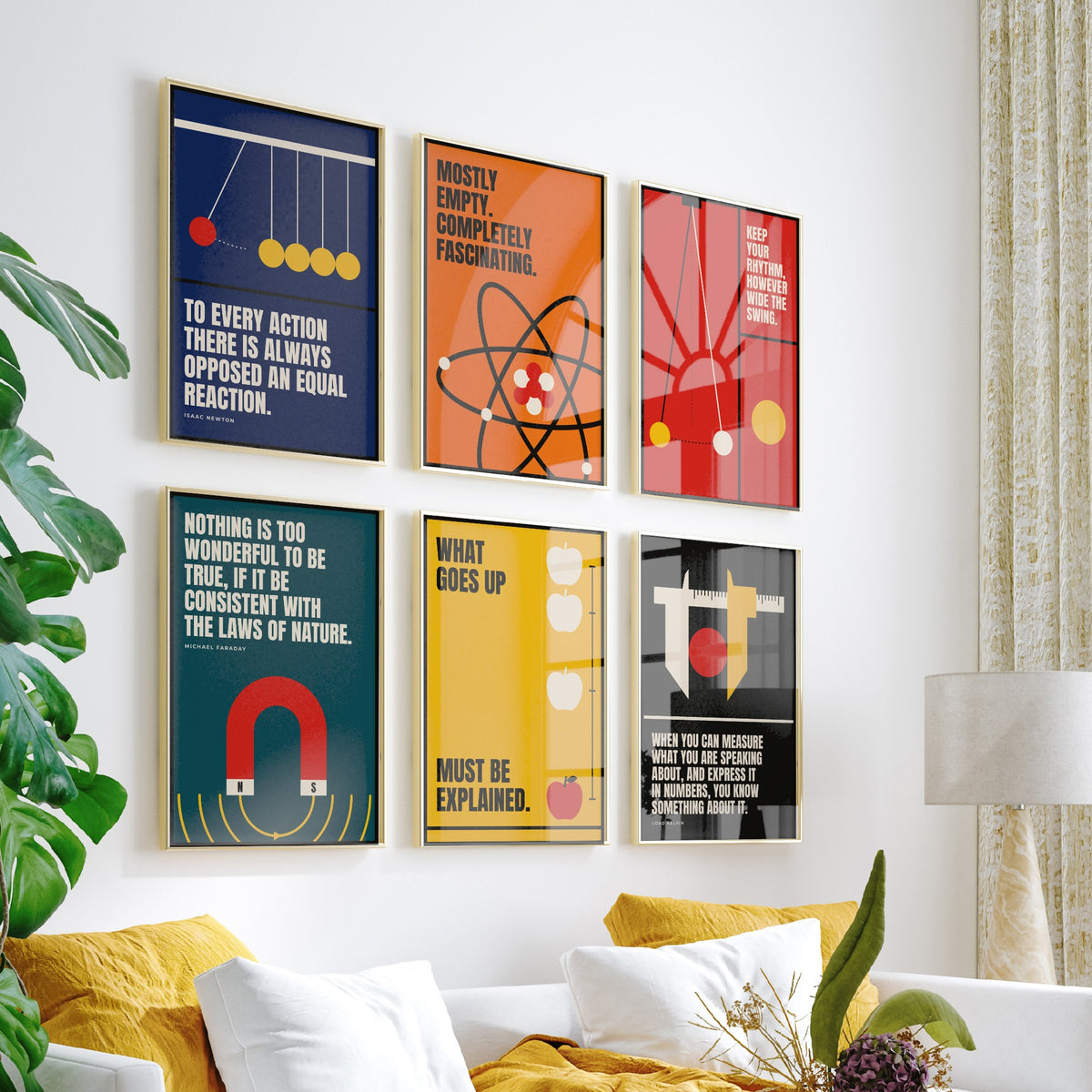 Set of Six Physics Quote Art Prints - 6 Bauhaus Science Posters - Minimalist Science Illustration - Newton's Cradle, Atom