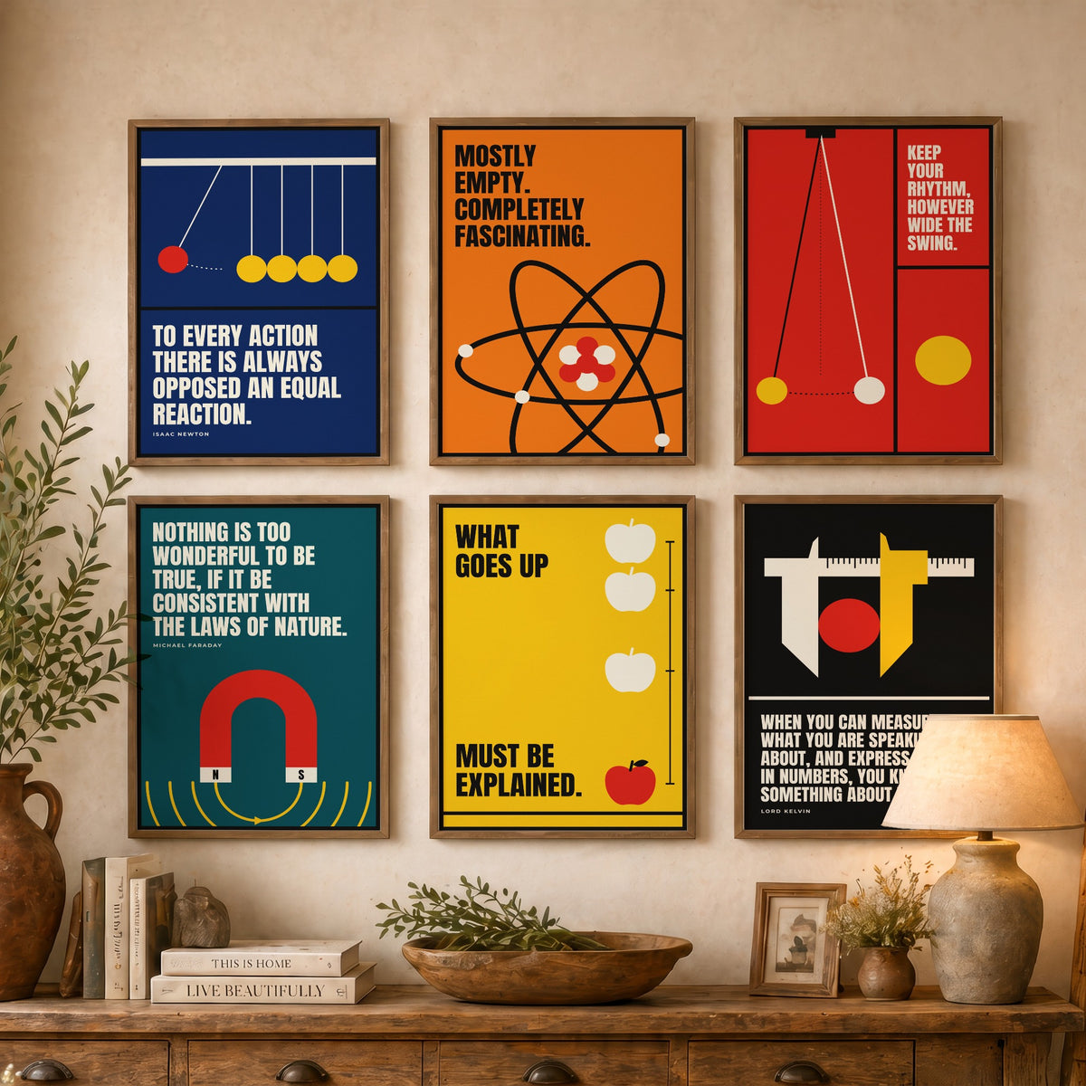 Set of Six Physics Quote Art Prints - 6 Bauhaus Science Posters - Minimalist Science Illustration - Newton's Cradle, Atom