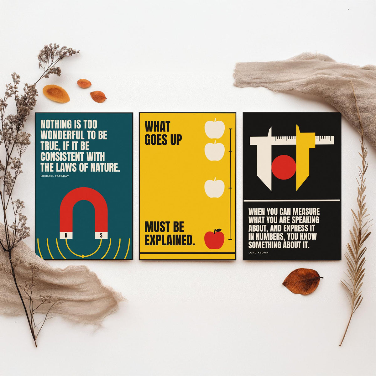 Physics Quotes Set of Three Art Prints - 3 Retro Bauhaus Science Posters - Minimalist Science Wall Art Illustration V2