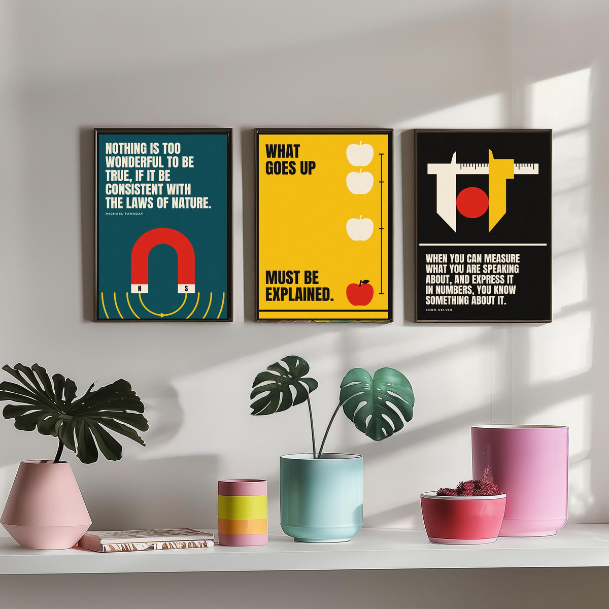 Physics Quotes Set of Three Art Prints - 3 Retro Bauhaus Science Posters - Minimalist Science Wall Art Illustration V2