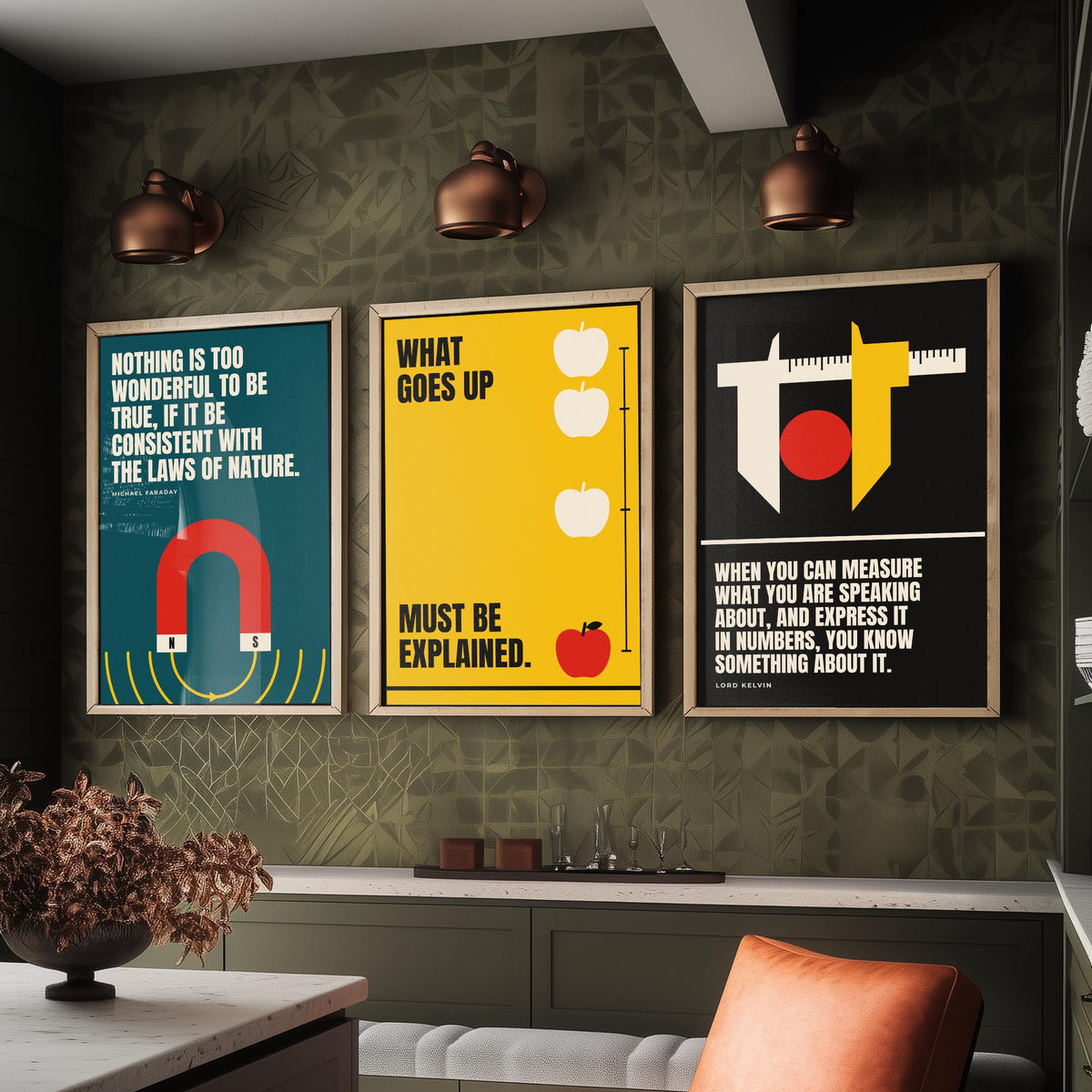 Physics Quotes Set of Three Art Prints - 3 Retro Bauhaus Science Posters - Minimalist Science Wall Art Illustration V2