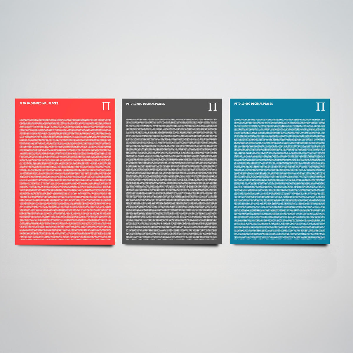 Pi to 10,000 Decimal Places Set of Three Art Prints - Red, Grey and Blue Typography - Maths Illustration Poster