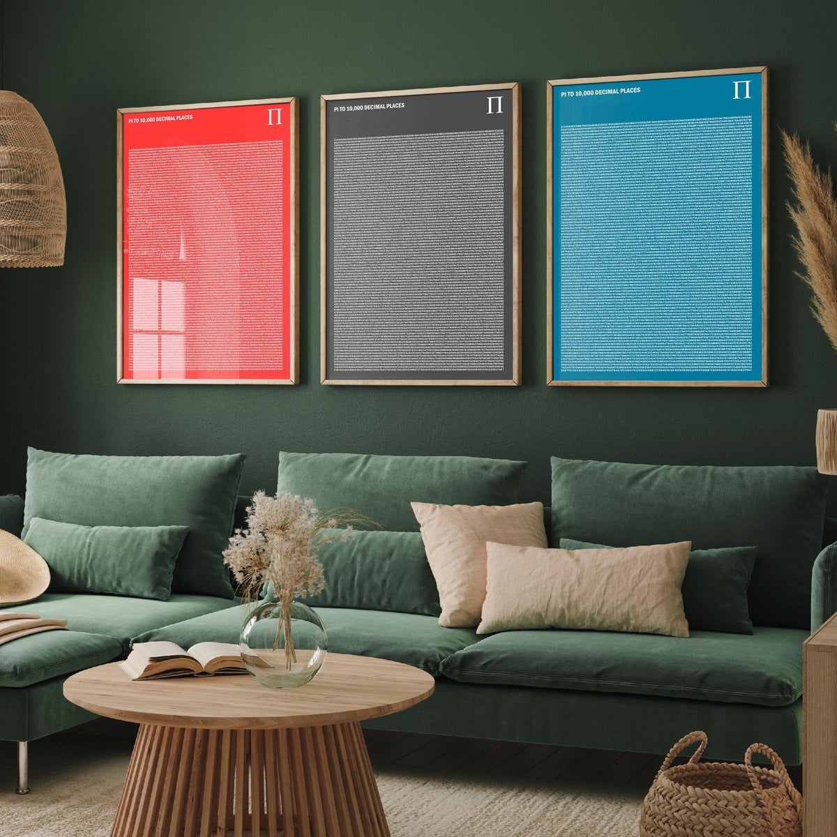 Pi to 10,000 Decimal Places Set of Three Art Prints - Red, Grey and Blue Typography - Maths Illustration Poster