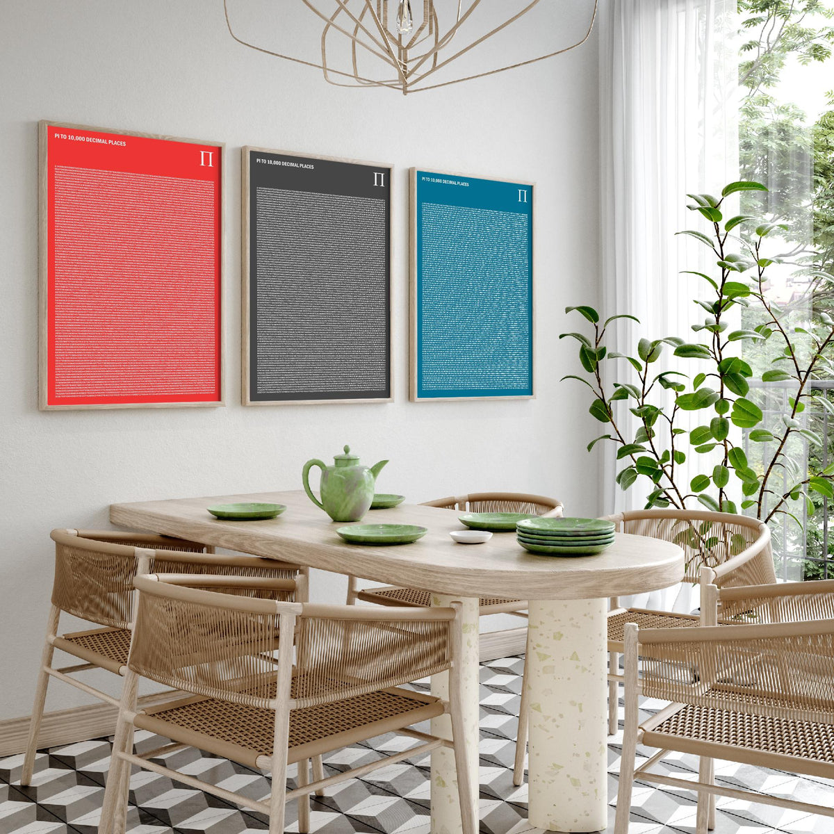 Pi to 10,000 Decimal Places Set of Three Art Prints - Red, Grey and Blue Typography - Maths Illustration Poster