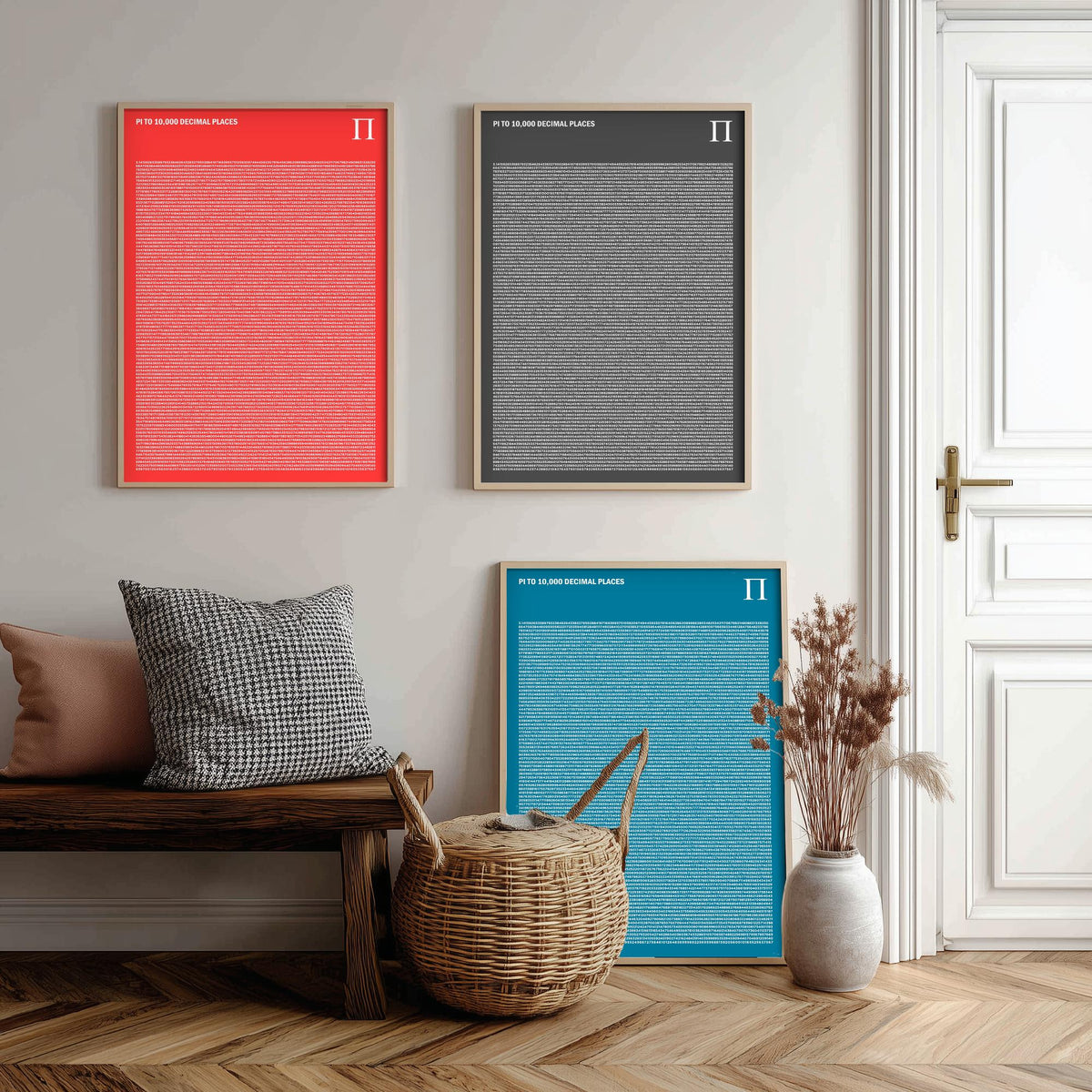 Pi to 10,000 Decimal Places Set of Three Art Prints - Red, Grey and Blue Typography - Maths Illustration Poster