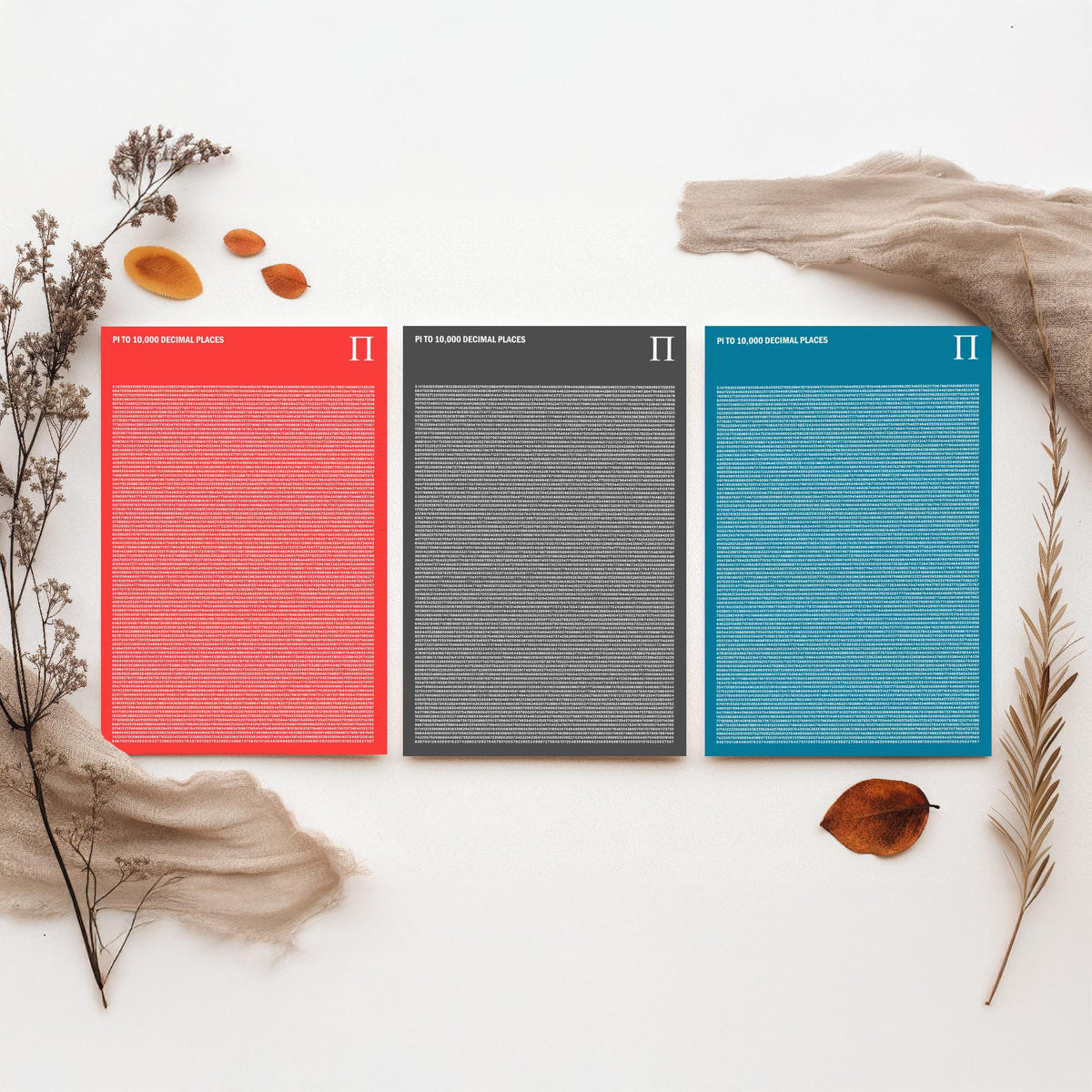 Pi to 10,000 Decimal Places Set of Three Art Prints - Red, Grey and Blue Typography - Maths Illustration Poster