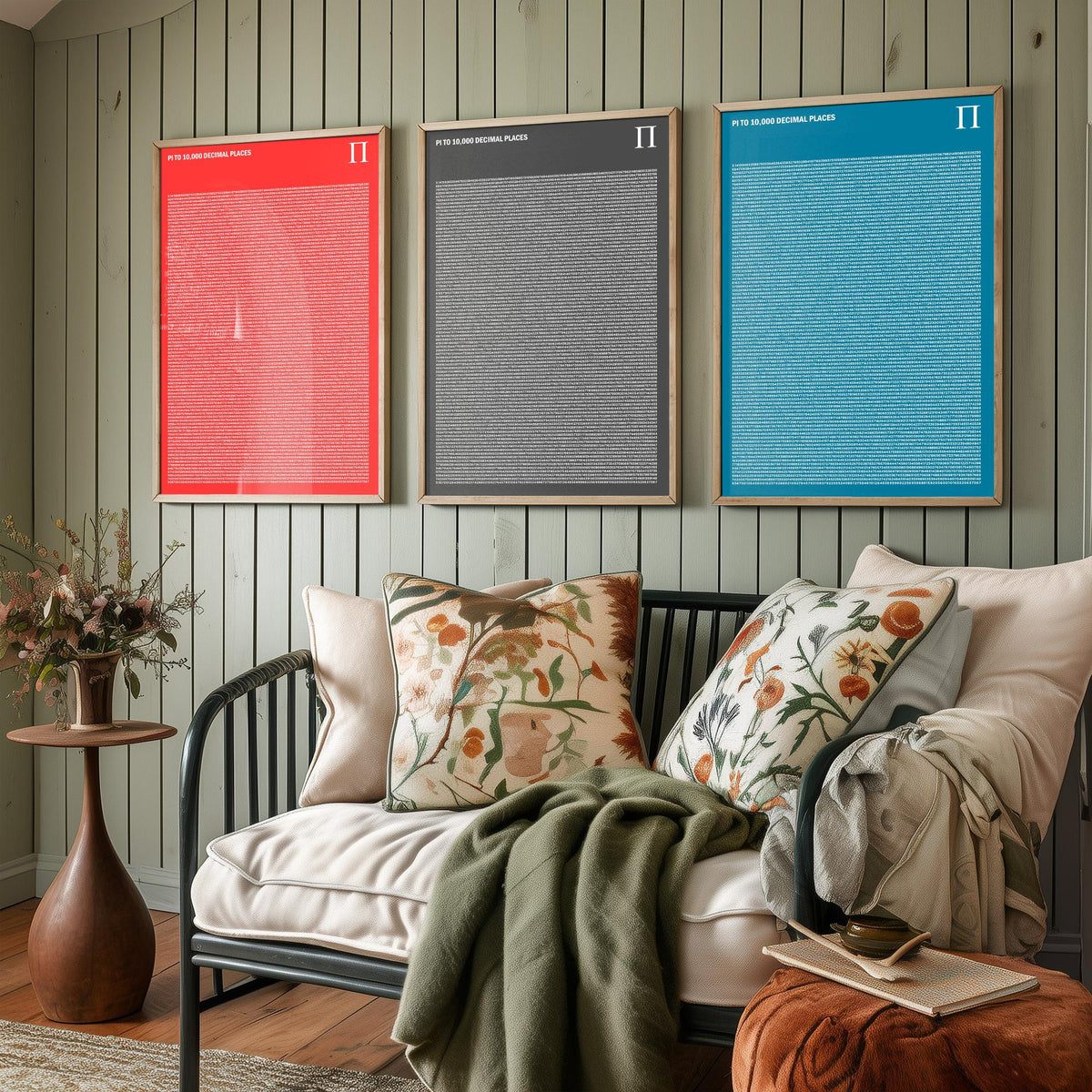 Pi to 10,000 Decimal Places Set of Three Art Prints - Red, Grey and Blue Typography - Maths Illustration Poster