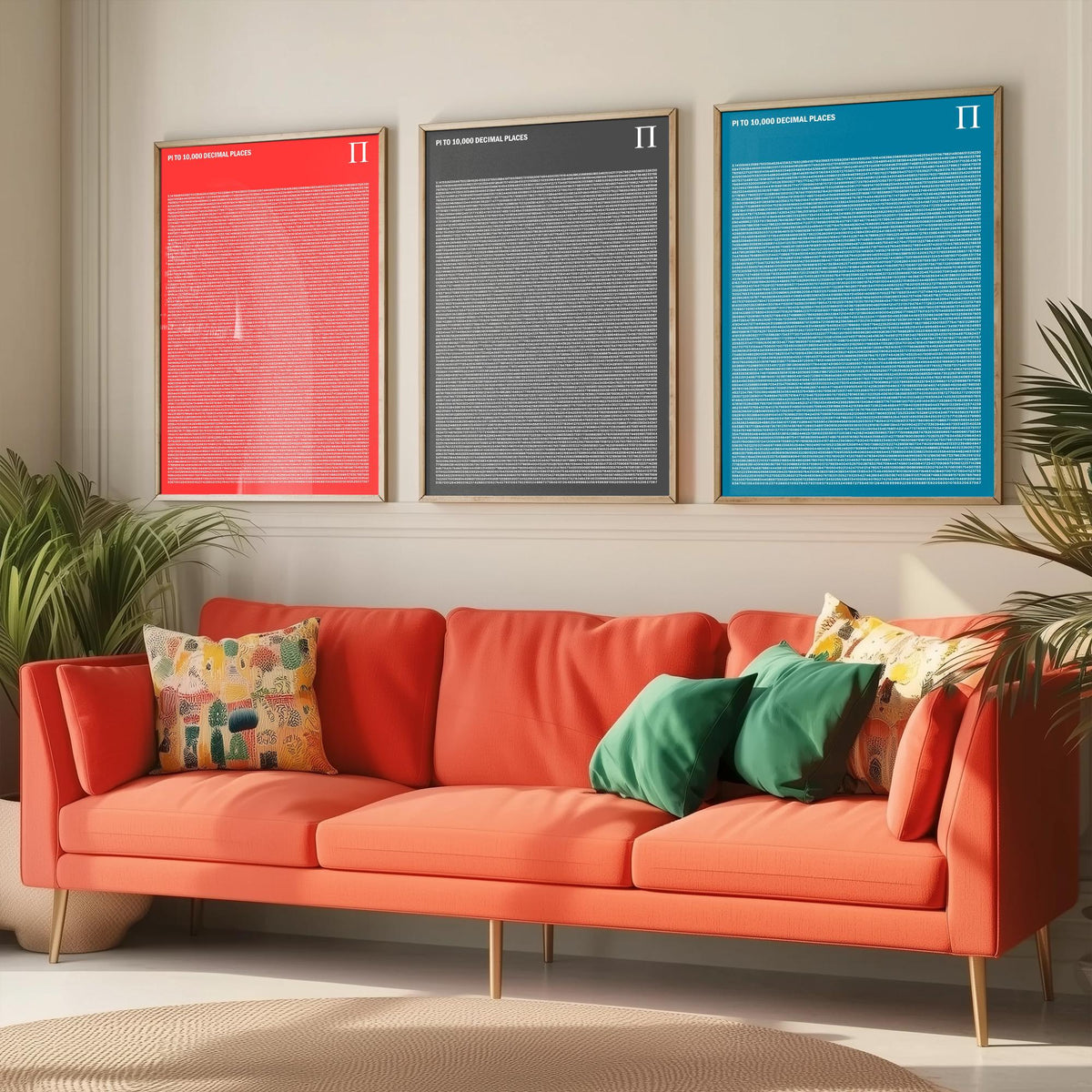 Pi to 10,000 Decimal Places Set of Three Art Prints - Red, Grey and Blue Typography - Maths Illustration Poster