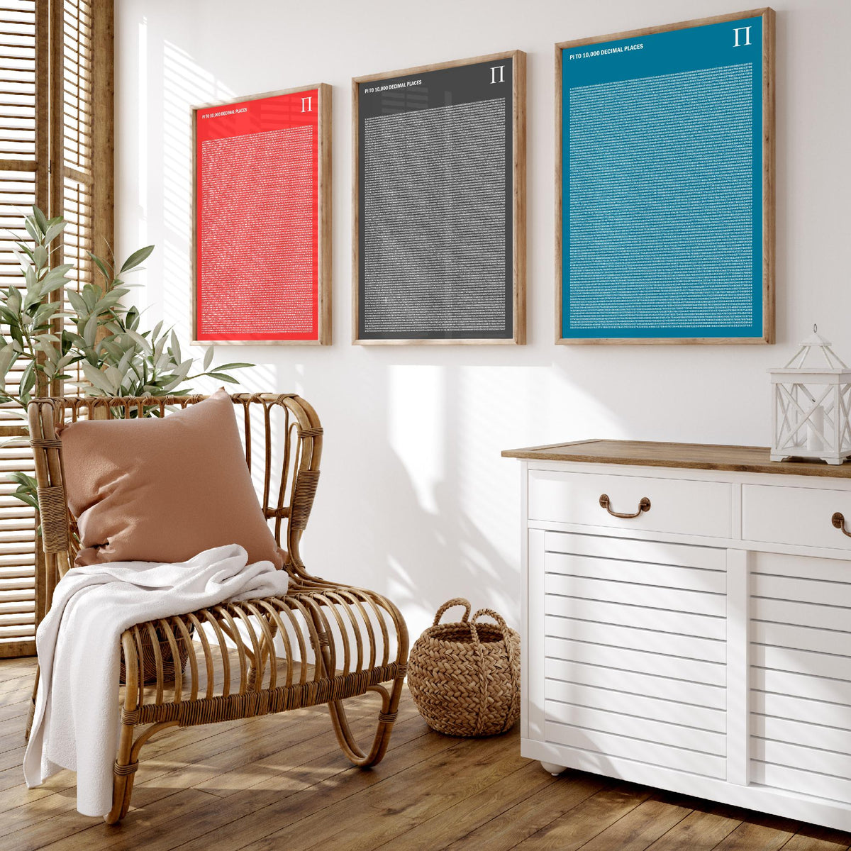 Pi to 10,000 Decimal Places Set of Three Art Prints - Red, Grey and Blue Typography - Maths Illustration Poster