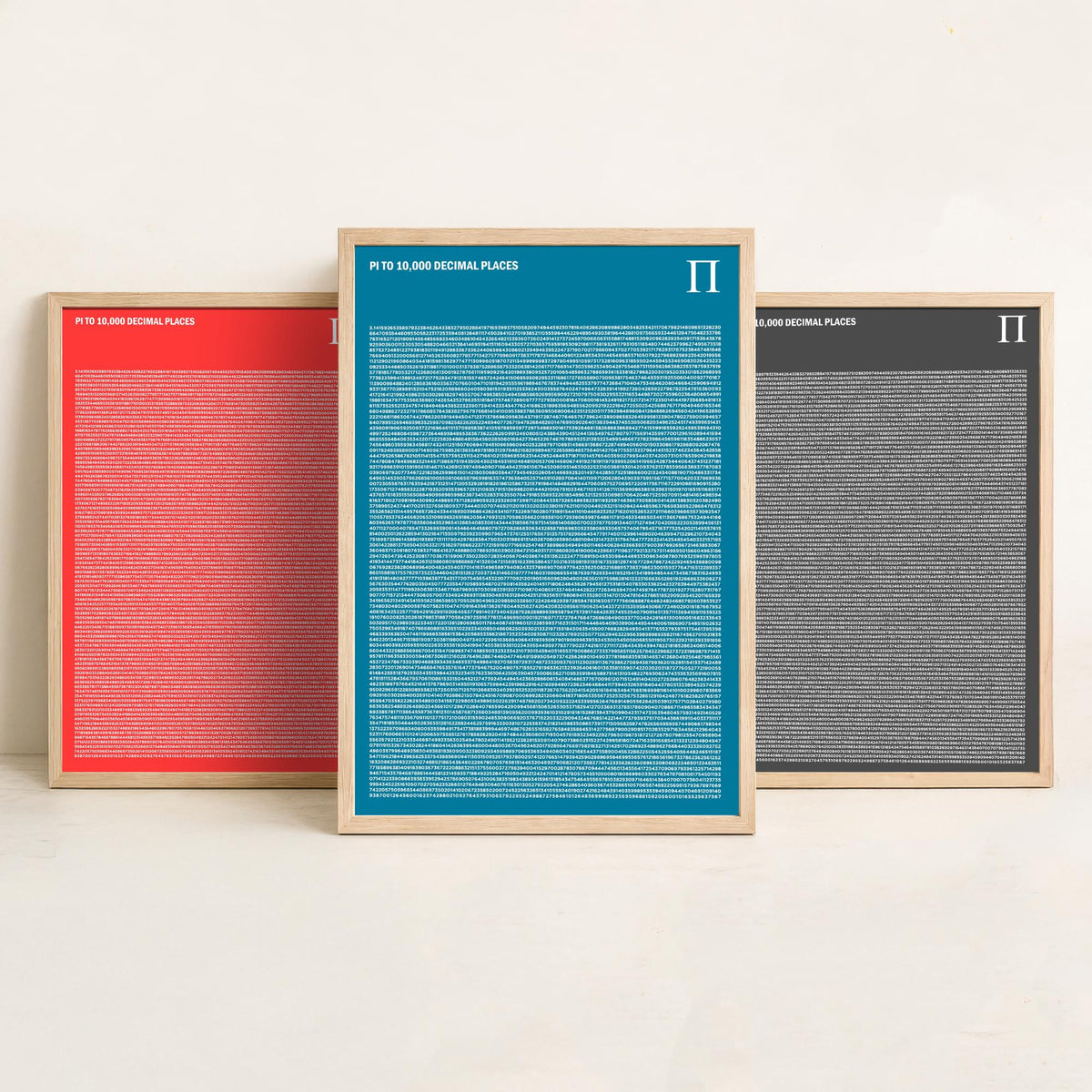 Pi to 10,000 Decimal Places Set of Three Art Prints - Red, Grey and Blue Typography - Maths Illustration Poster
