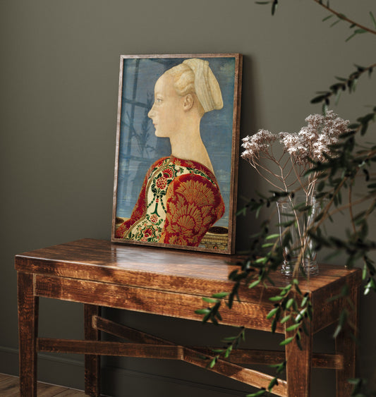 Piero del Pollaiuolo - Profile Portrait of a Young Lady (c. 1465) - Classic Painting Art Print - Florentine Brocade Gown Blue Sky Poster