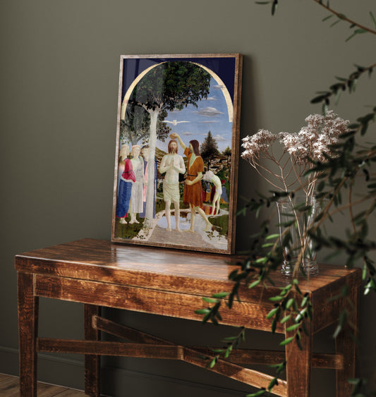 Piero della Francesca - The Baptism of Christ, Battesimo di Cristo (c. 1450) - Classic Painting Art Print - Jordan River Dove Angels Poster
