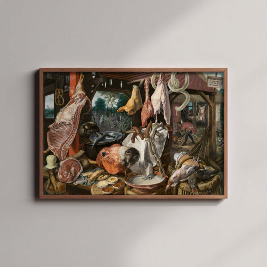 Pieter Aertsen - A Meat Stall with the Holy Family Giving Alms (1551) - Classic Painting Art Print - Butcher Market Still Life Poster