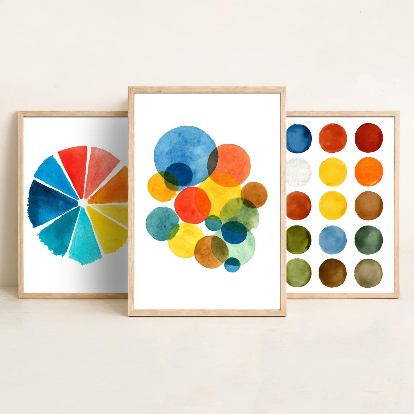 Watercolour Pigment Set of Three Art Prints - 3 Colour Wheel Paint Swatch Circles - Abstract Poster Watercolour Gift