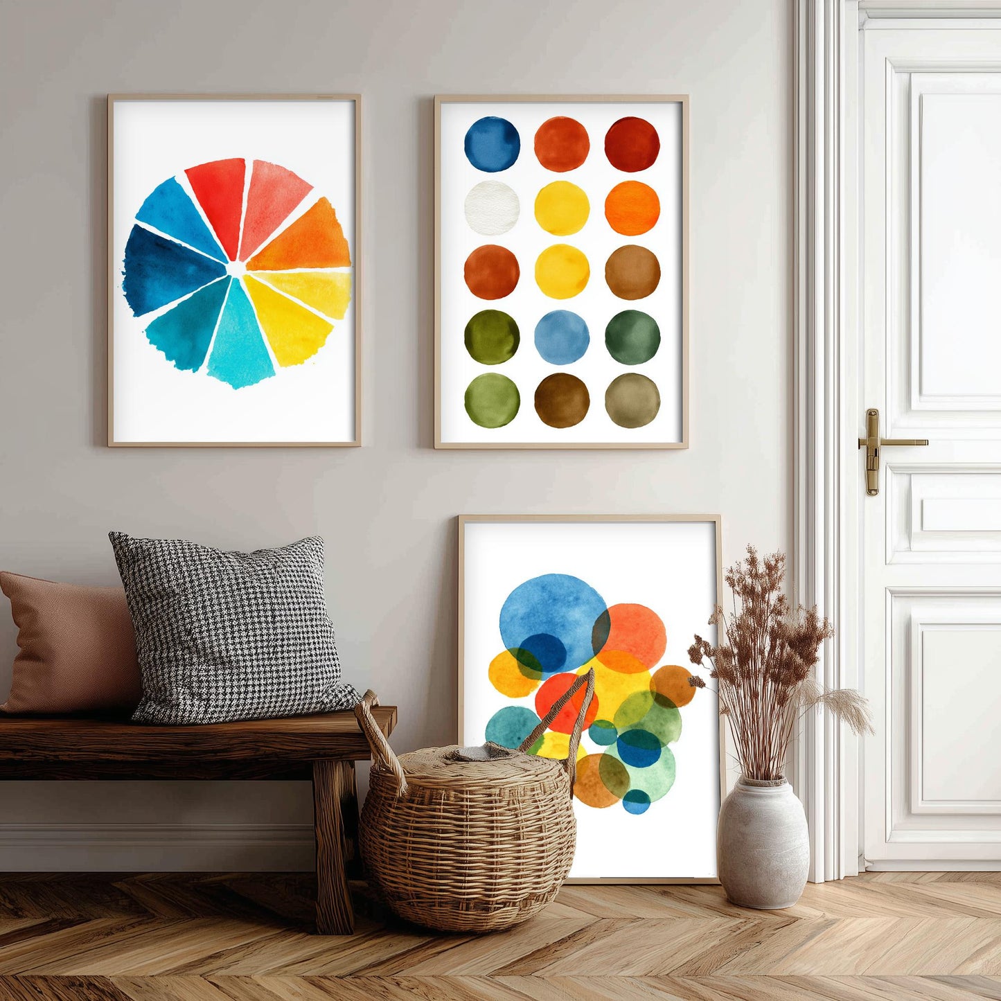Watercolour Pigment Set of Three Art Prints - 3 Colour Wheel Paint Swatch Circles - Abstract Poster Watercolour Gift