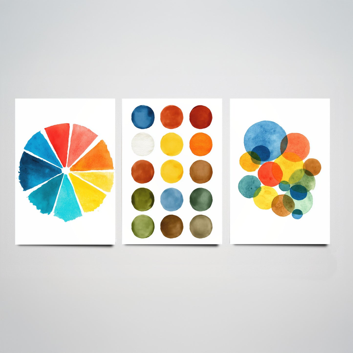 Watercolour Pigment Set of Three Art Prints - 3 Colour Wheel Paint Swatch Circles - Abstract Poster Watercolour Gift