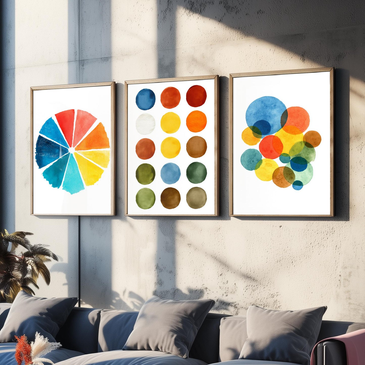 Watercolour Pigment Set of Three Art Prints - 3 Colour Wheel Paint Swatch Circles - Abstract Poster Watercolour Gift