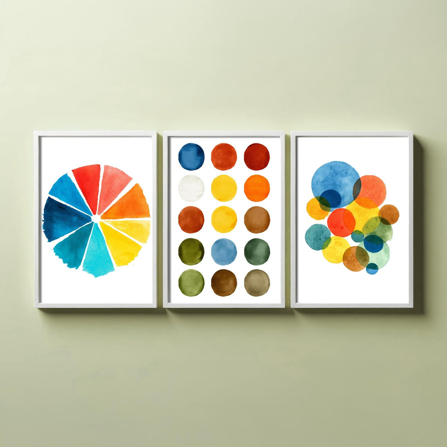 Watercolour Pigment Set of Three Art Prints - 3 Colour Wheel Paint Swatch Circles - Abstract Poster Watercolour Gift