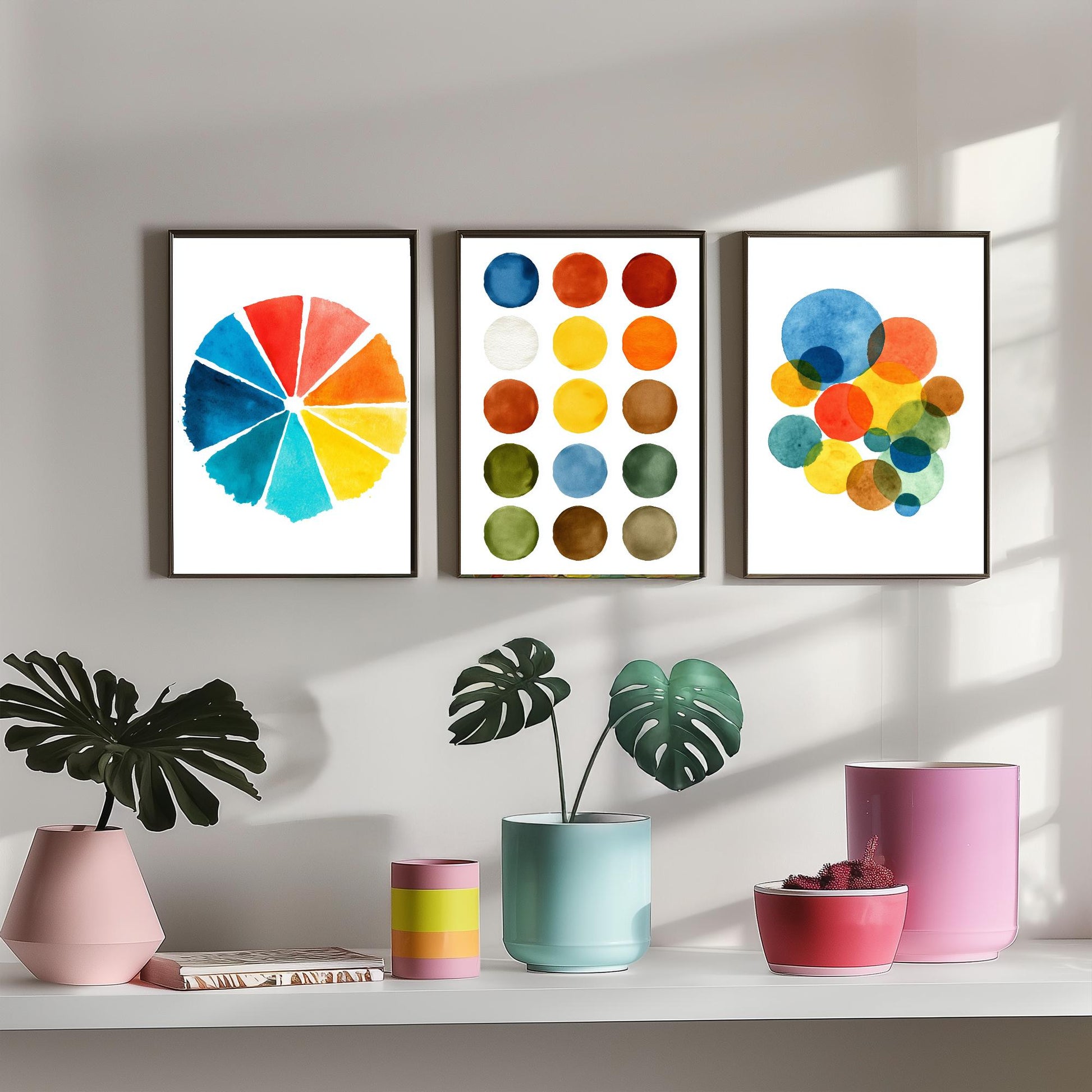 Watercolour Pigment Set of Three Art Prints - 3 Colour Wheel Paint Swatch Circles - Abstract Poster Watercolour Gift