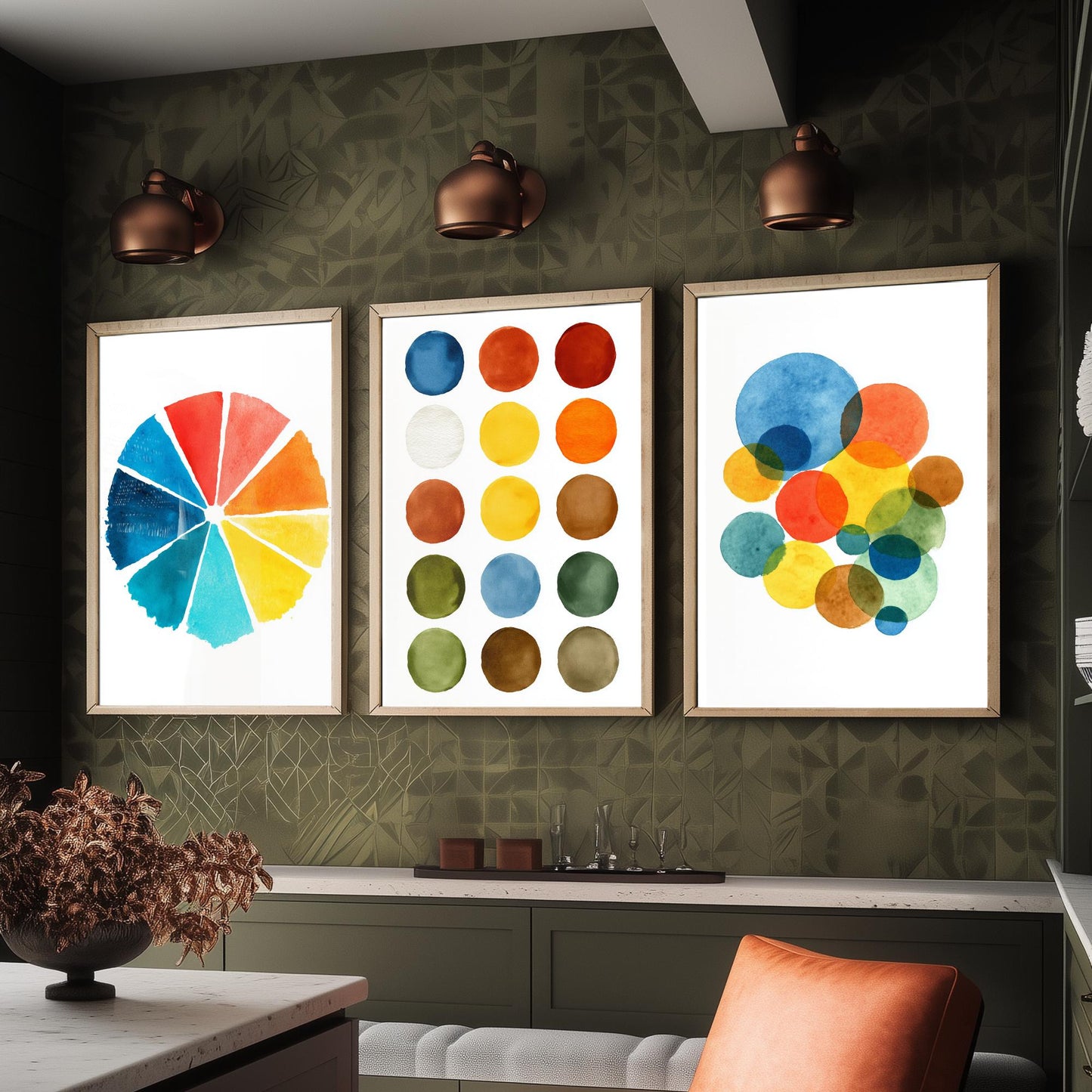 Watercolour Pigment Set of Three Art Prints - 3 Colour Wheel Paint Swatch Circles - Abstract Poster Watercolour Gift
