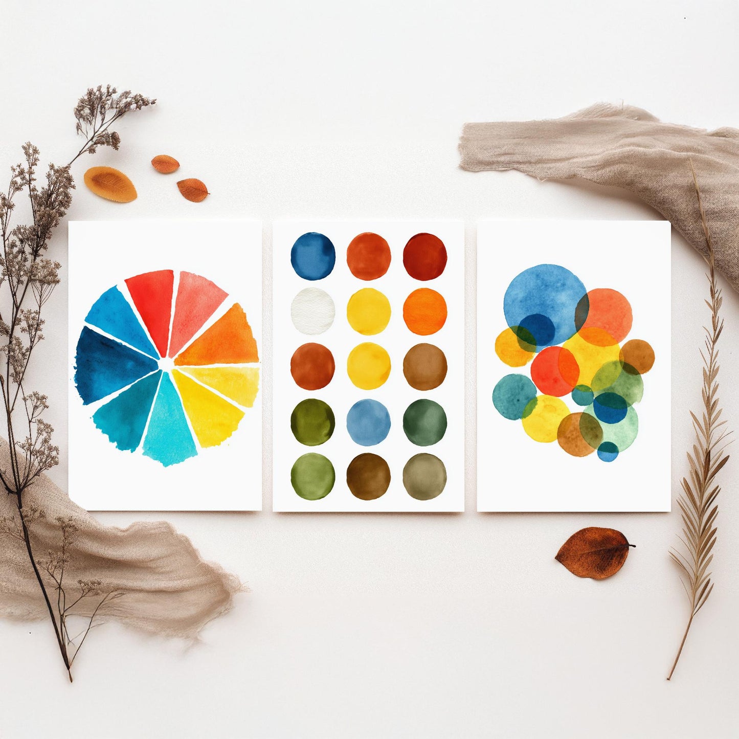 Watercolour Pigment Set of Three Art Prints - 3 Colour Wheel Paint Swatch Circles - Abstract Poster Watercolour Gift