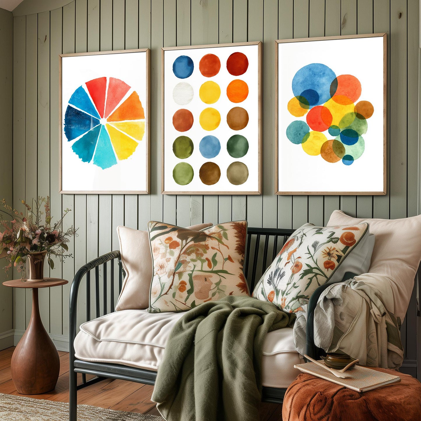 Watercolour Pigment Set of Three Art Prints - 3 Colour Wheel Paint Swatch Circles - Abstract Poster Watercolour Gift