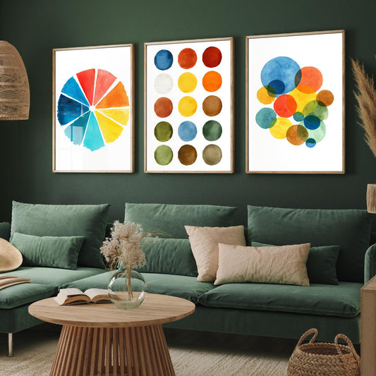 Watercolour Pigment Set of Three Art Prints - 3 Colour Wheel Paint Swatch Circles - Abstract Poster Watercolour Gift