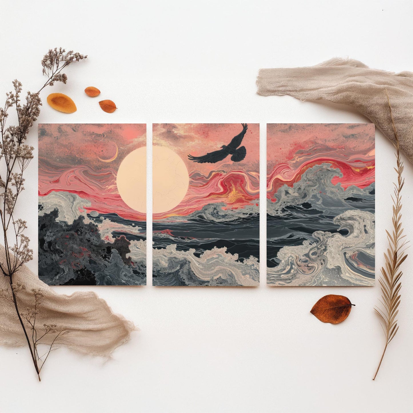 Pink Marbled Bird Set of Three Art Prints - 3 Soaring Bird Moon Ocean Wave Panels - Abstract Poster Painting Gift V2