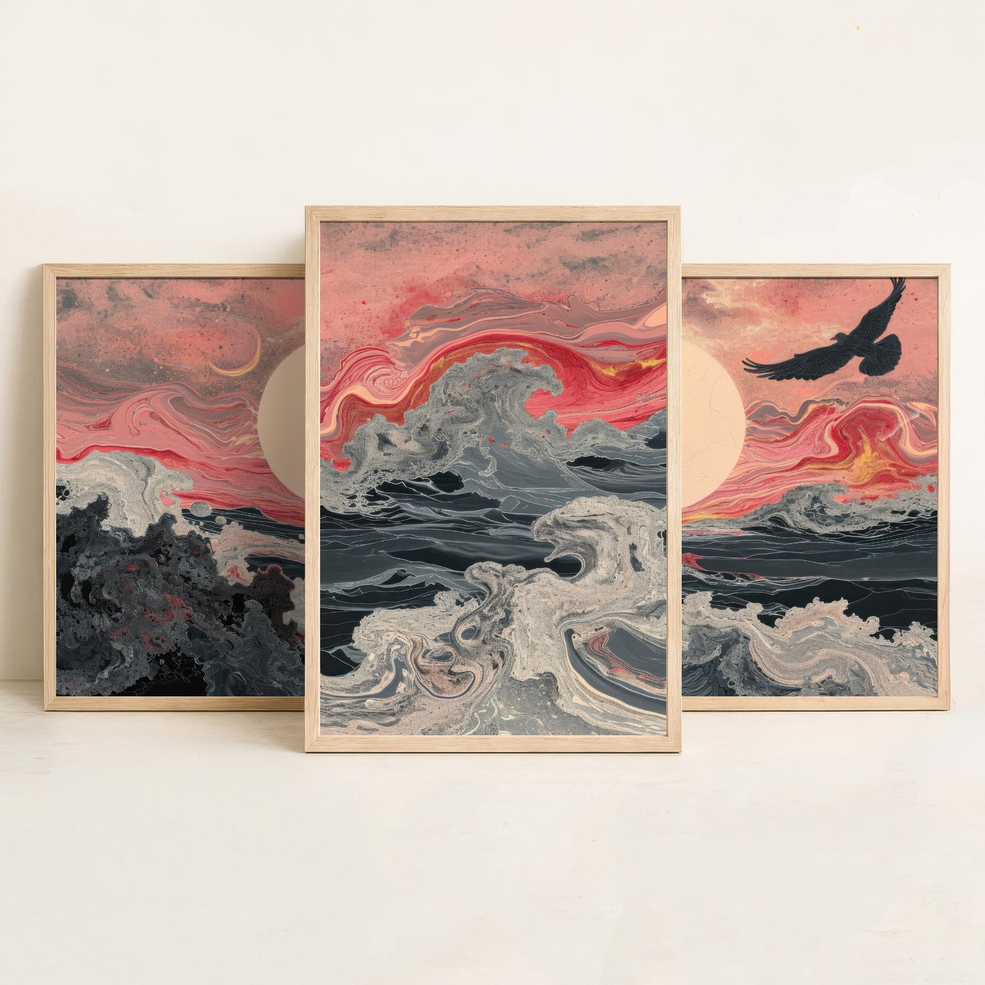 Pink Marbled Bird Set of Three Art Prints - 3 Soaring Bird Moon Ocean Wave Panels - Abstract Poster Painting Gift V2