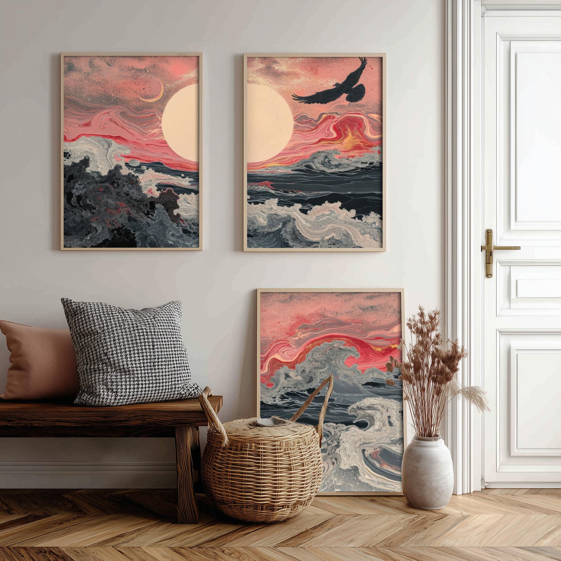Pink Marbled Bird Set of Three Art Prints - 3 Soaring Bird Moon Ocean Wave Panels - Abstract Poster Painting Gift V2