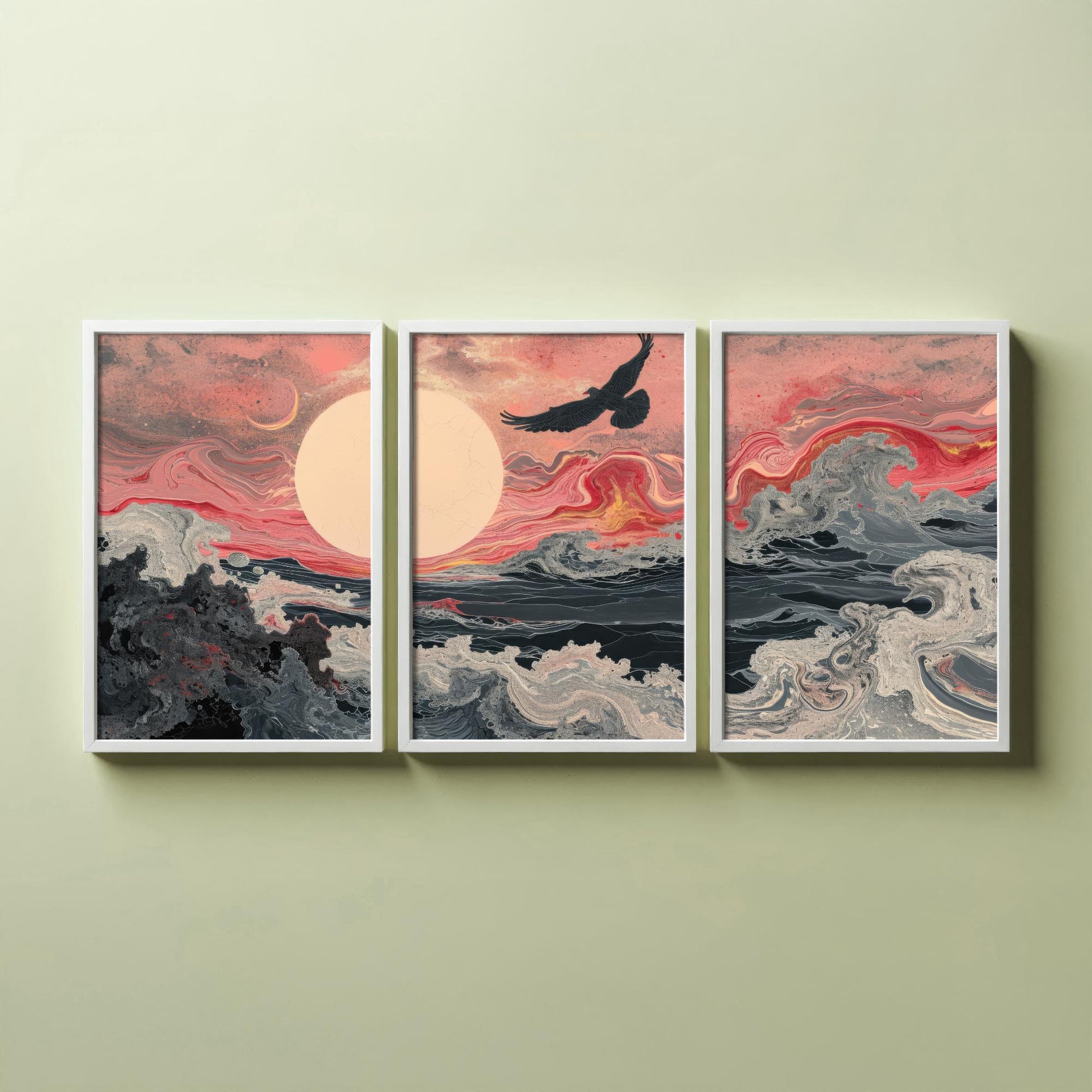 Pink Marbled Bird Set of Three Art Prints - 3 Soaring Bird Moon Ocean Wave Panels - Abstract Poster Painting Gift V2