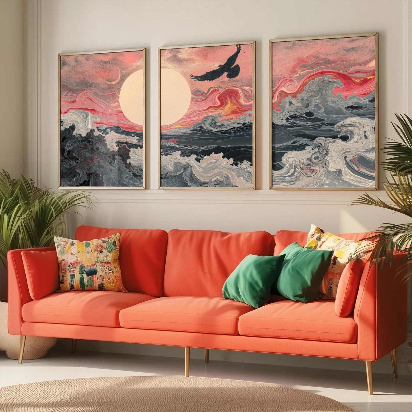 Pink Marbled Bird Set of Three Art Prints - 3 Soaring Bird Moon Ocean Wave Panels - Abstract Poster Painting Gift V2