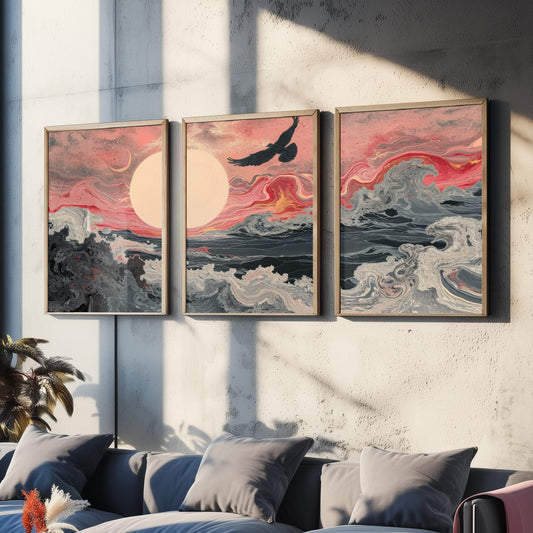 Pink Marbled Bird Set of Three Art Prints - 3 Soaring Bird Moon Ocean Wave Panels - Abstract Poster Painting Gift V2