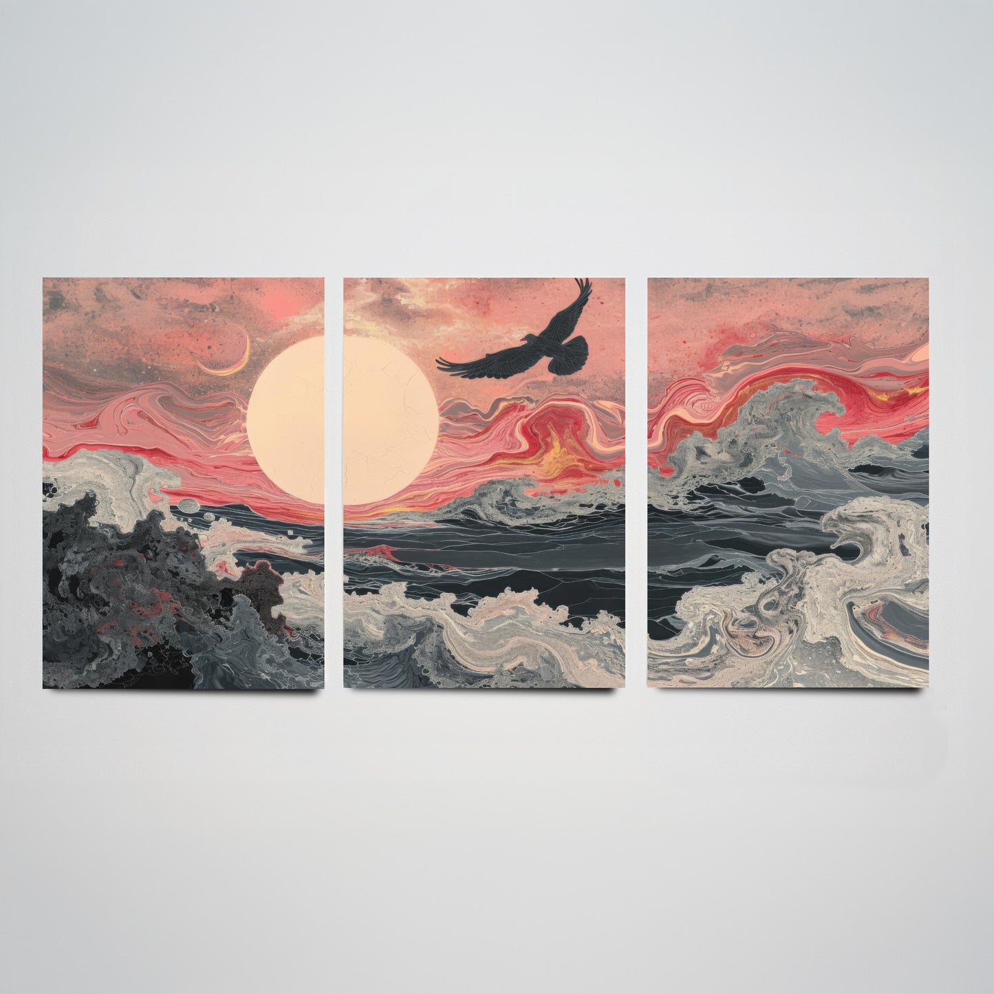 Pink Marbled Bird Set of Three Art Prints - 3 Soaring Bird Moon Ocean Wave Panels - Abstract Poster Painting Gift V2