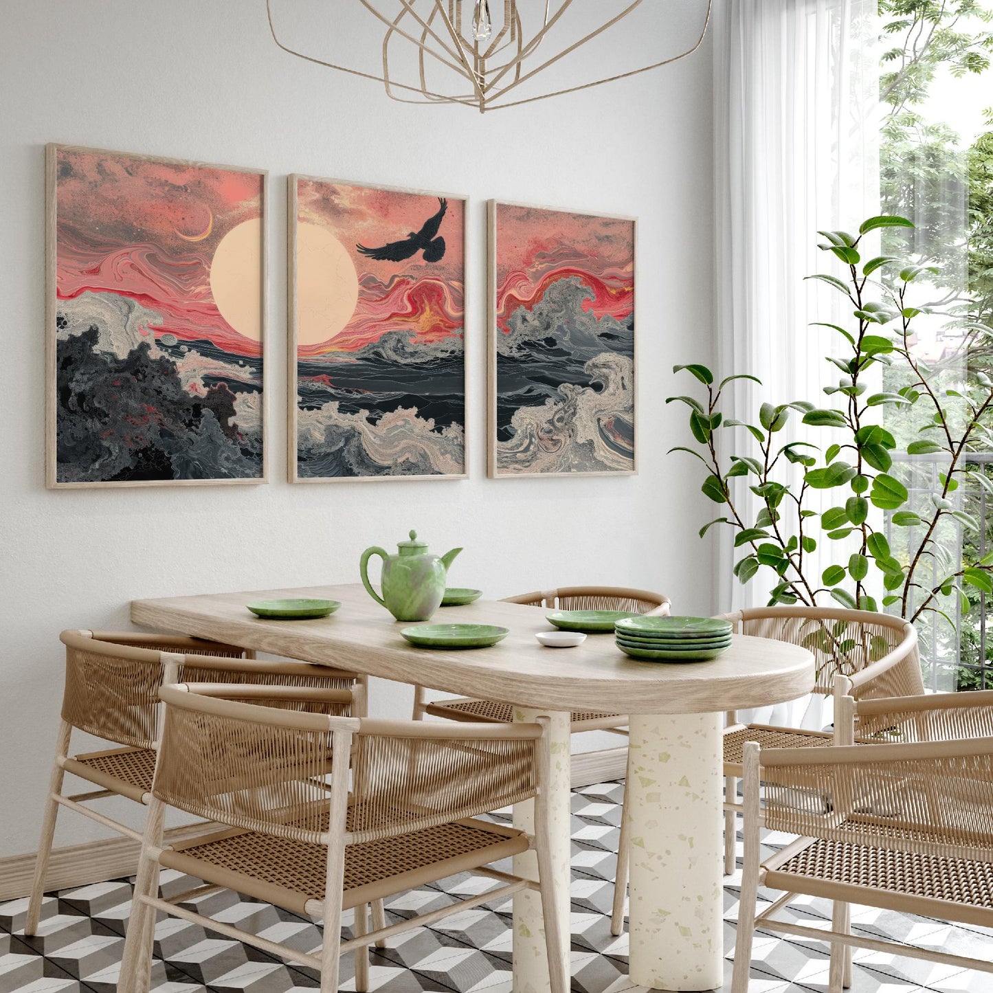 Pink Marbled Bird Set of Three Art Prints - 3 Soaring Bird Moon Ocean Wave Panels - Abstract Poster Painting Gift V2
