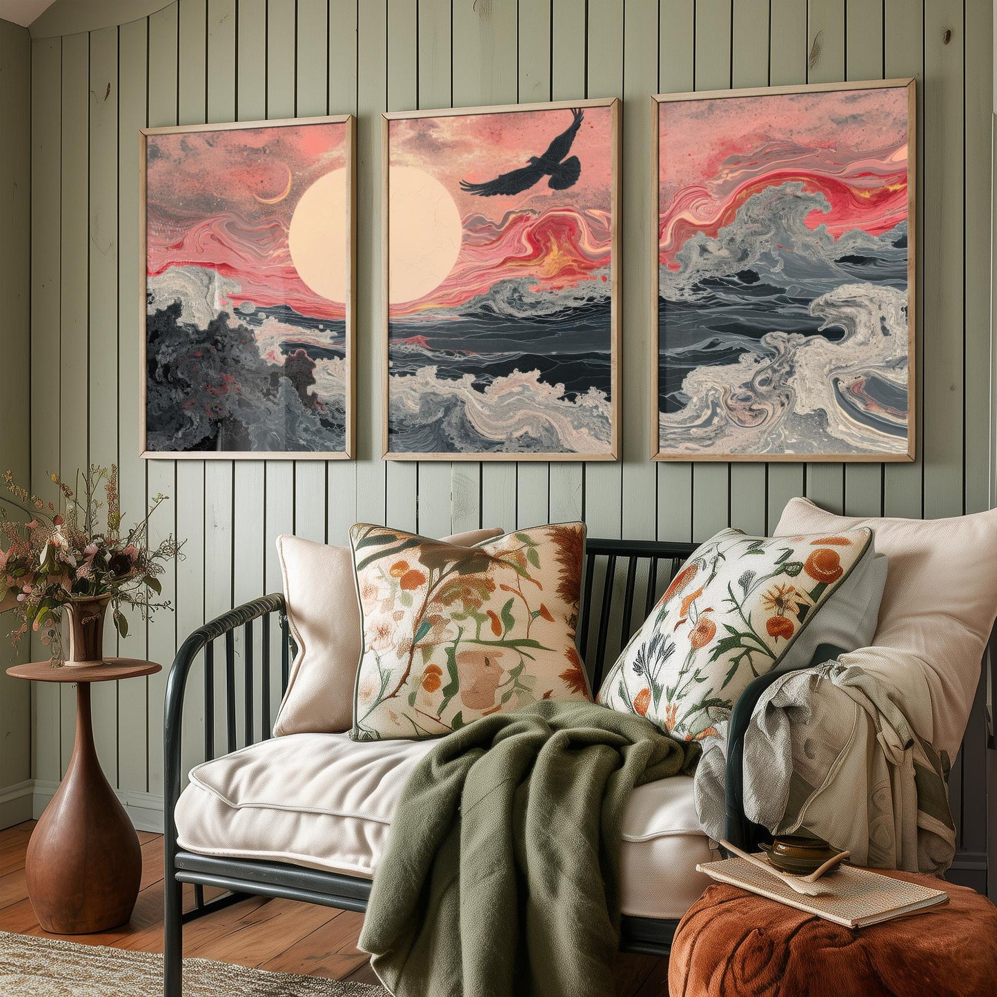 Pink Marbled Bird Set of Three Art Prints - 3 Soaring Bird Moon Ocean Wave Panels - Abstract Poster Painting Gift V2