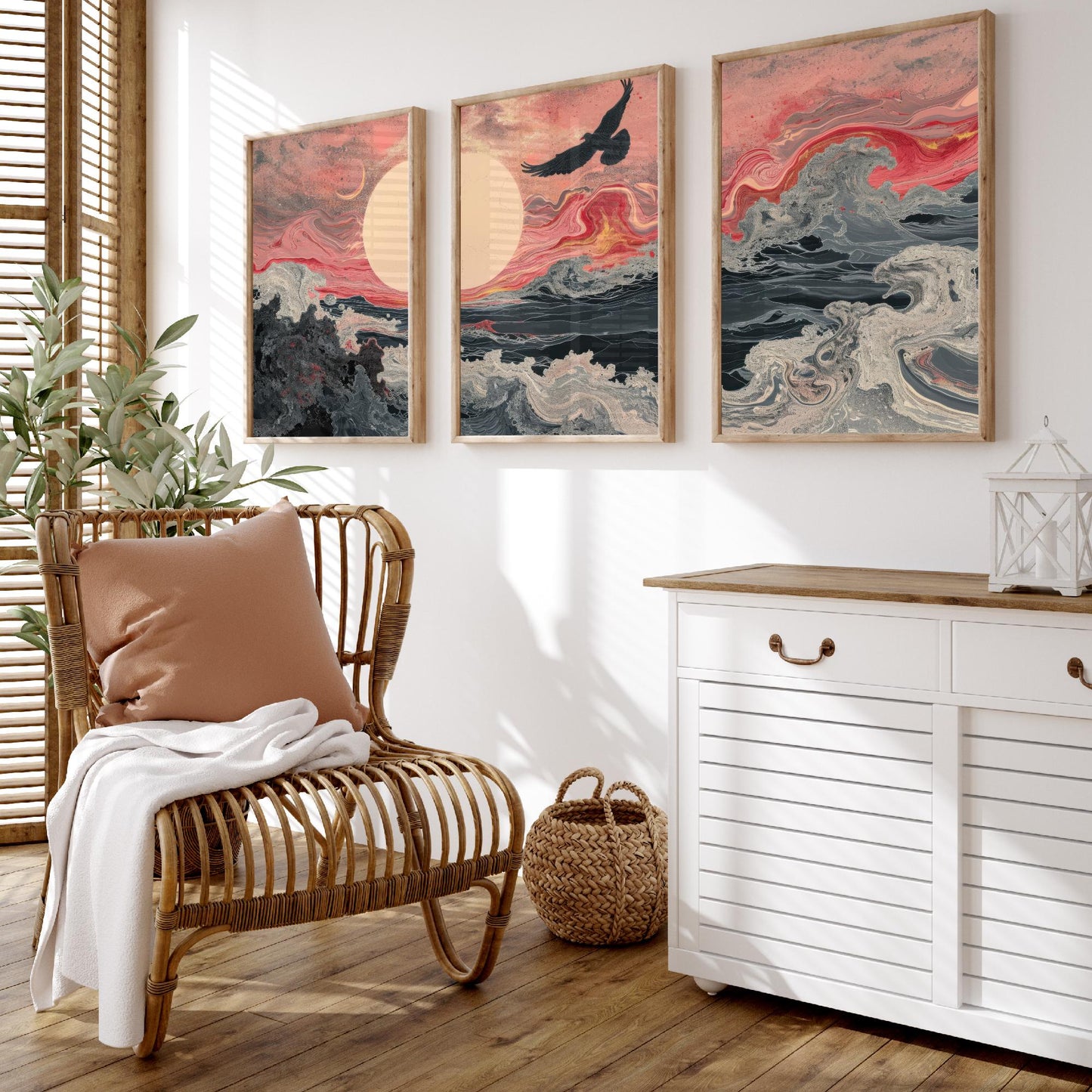 Pink Marbled Bird Set of Three Art Prints - 3 Soaring Bird Moon Ocean Wave Panels - Abstract Poster Painting Gift V2