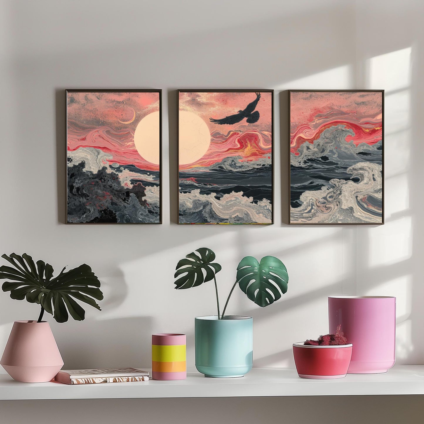 Pink Marbled Bird Set of Three Art Prints - 3 Soaring Bird Moon Ocean Wave Panels - Abstract Poster Painting Gift V2