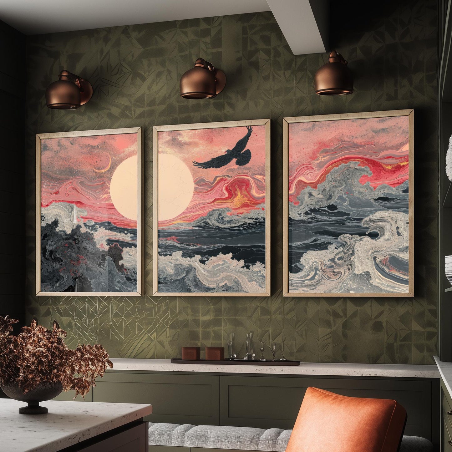 Pink Marbled Bird Set of Three Art Prints - 3 Soaring Bird Moon Ocean Wave Panels - Abstract Poster Painting Gift V2