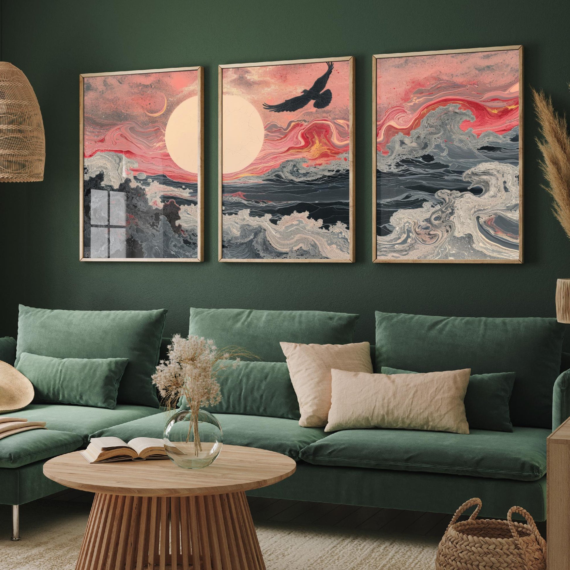 Pink Marbled Bird Set of Three Art Prints - 3 Soaring Bird Moon Ocean Wave Panels - Abstract Poster Painting Gift V2