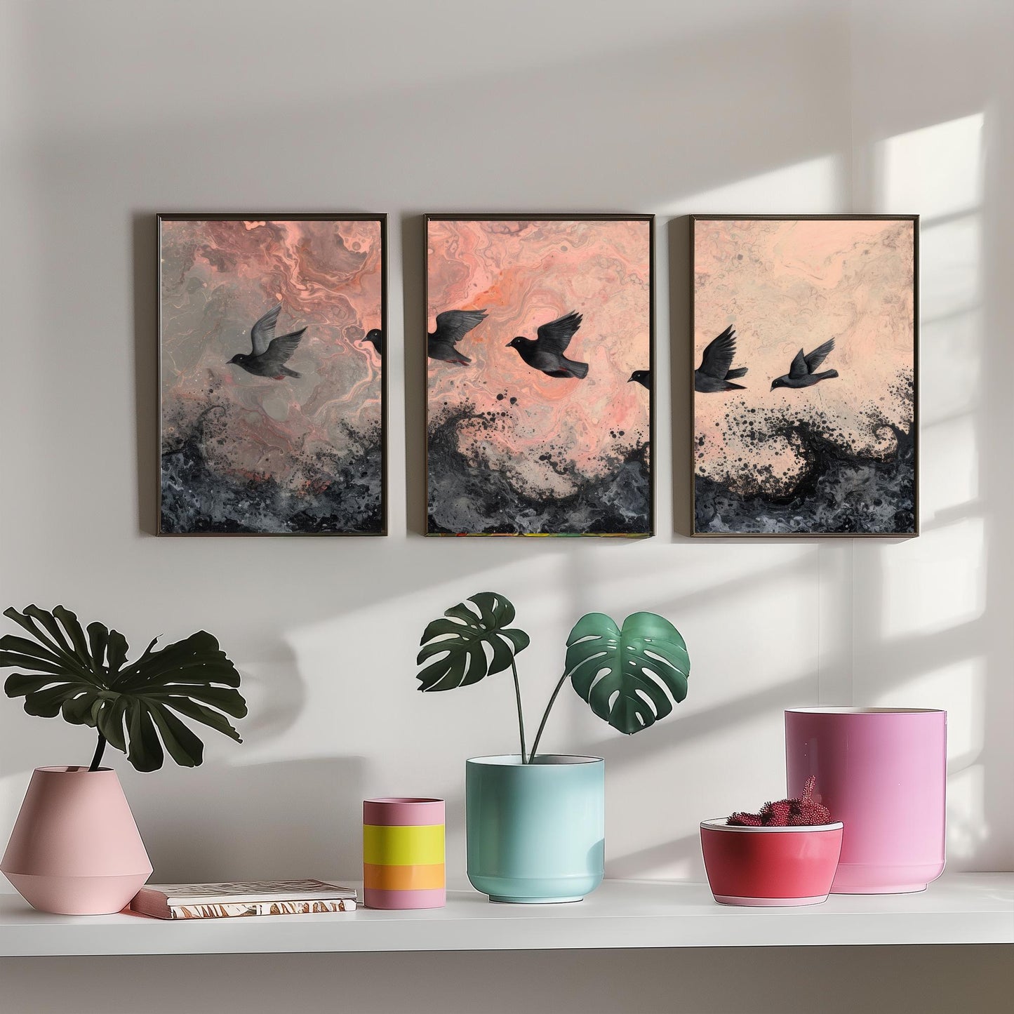 Flock of Doves Set of Three Art Prints - 3 Black Birds Pink Marbled Sea Sky - Coastal Abstract Poster Painting Gift