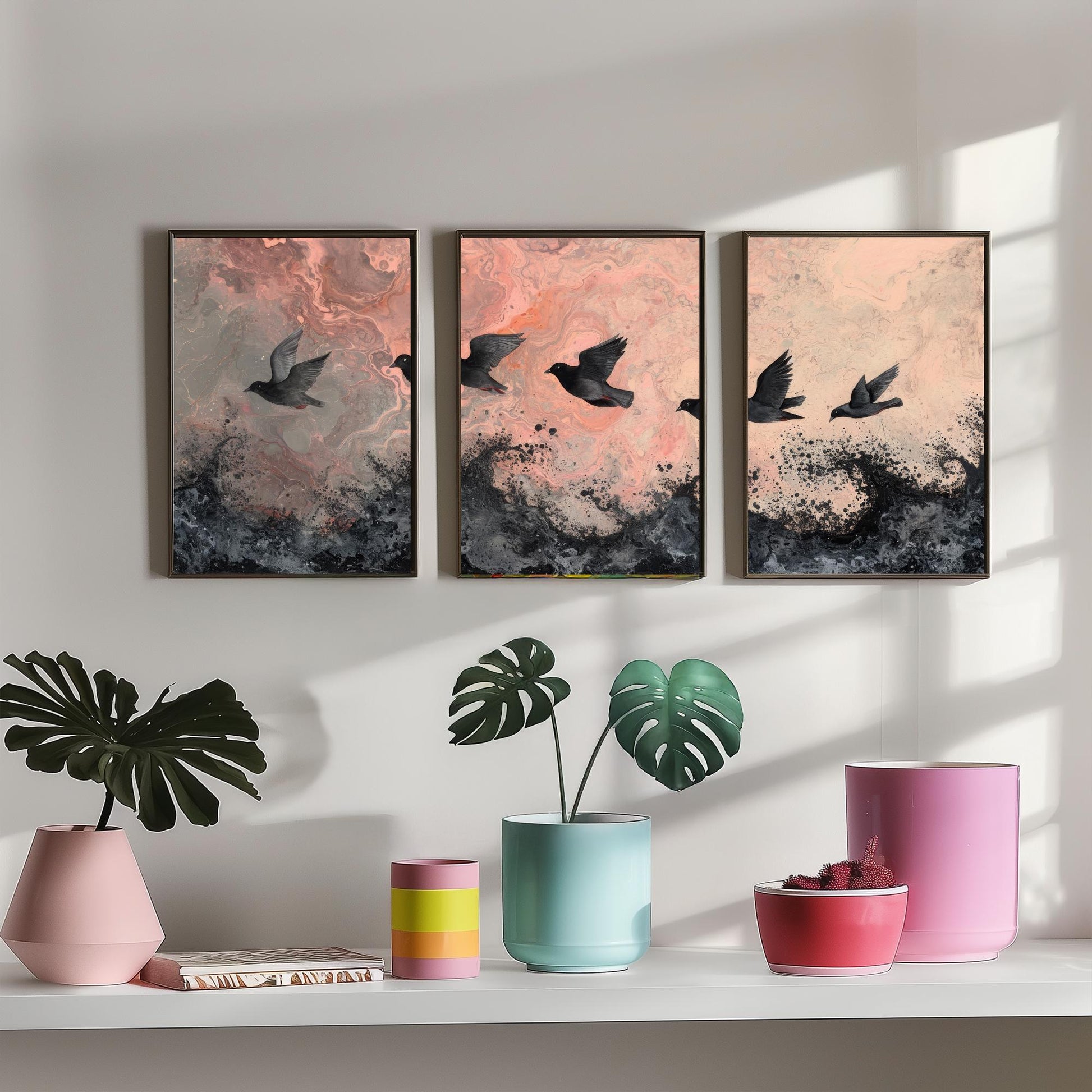 Flock of Doves Set of Three Art Prints - 3 Black Birds Pink Marbled Sea Sky - Coastal Abstract Poster Painting Gift