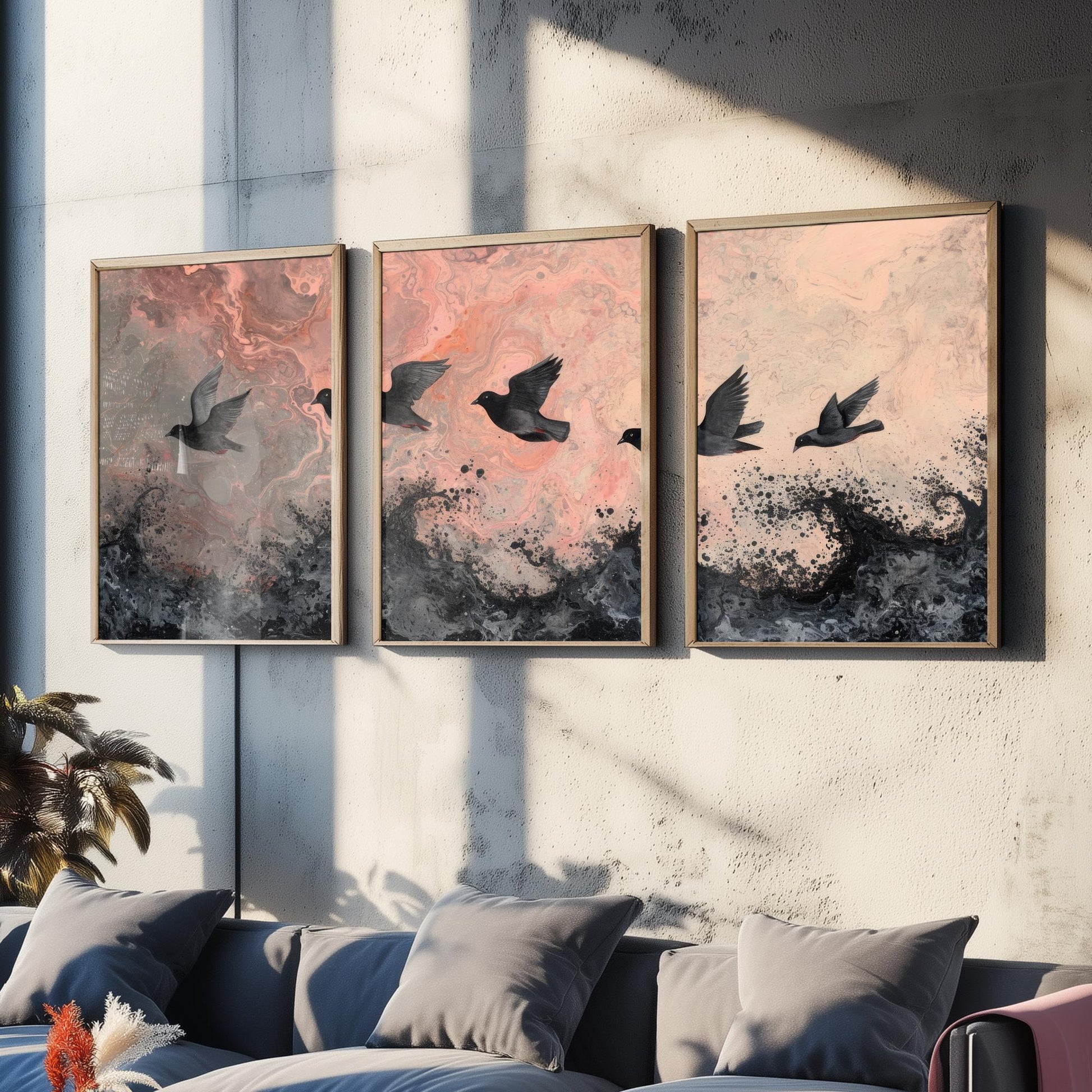 Flock of Doves Set of Three Art Prints - 3 Black Birds Pink Marbled Sea Sky - Coastal Abstract Poster Painting Gift