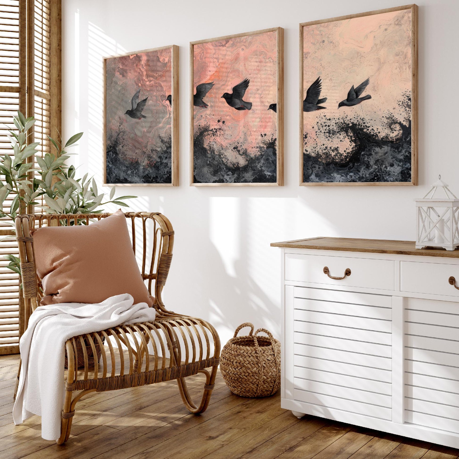 Flock of Doves Set of Three Art Prints - 3 Black Birds Pink Marbled Sea Sky - Coastal Abstract Poster Painting Gift