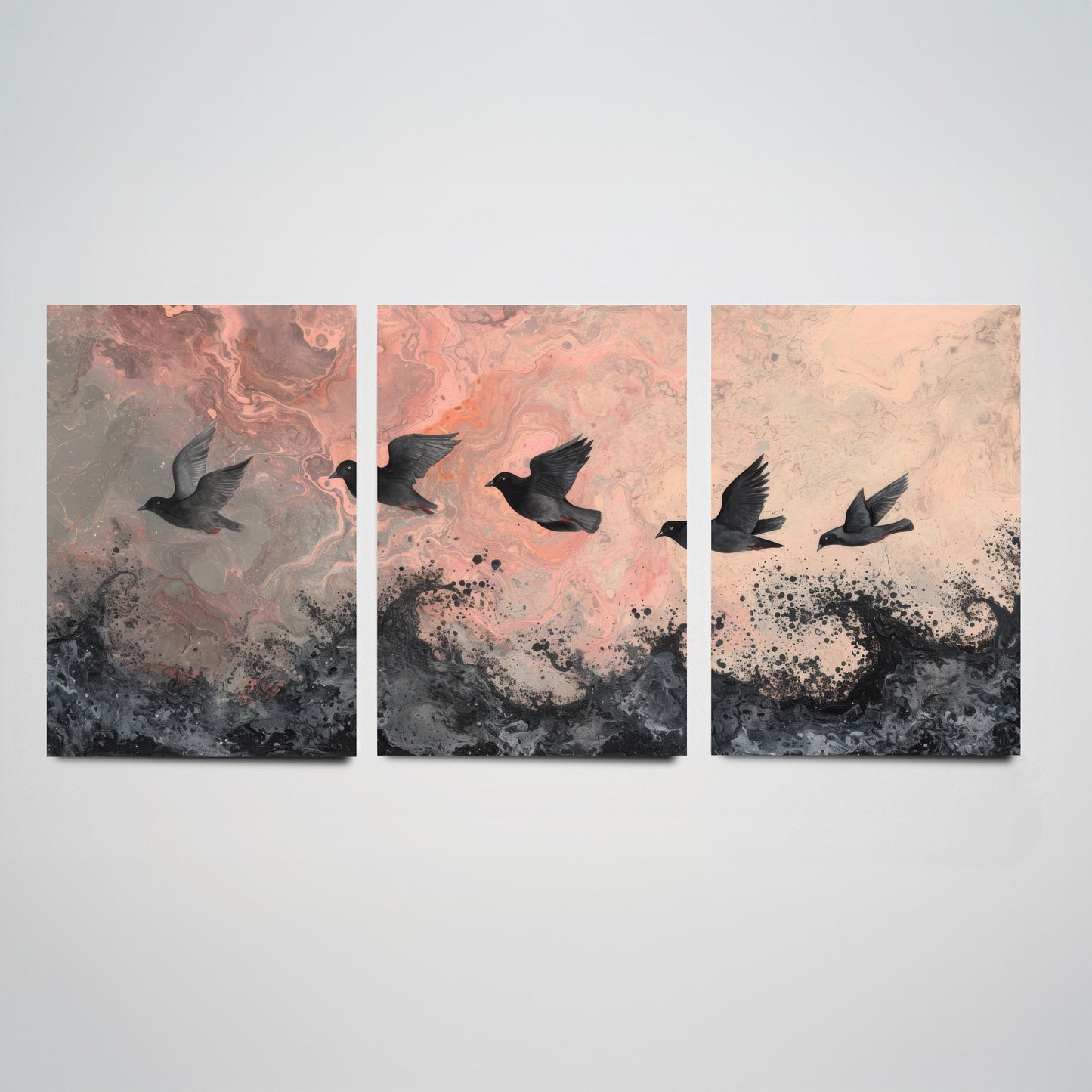 Flock of Doves Set of Three Art Prints - 3 Black Birds Pink Marbled Sea Sky - Coastal Abstract Poster Painting Gift